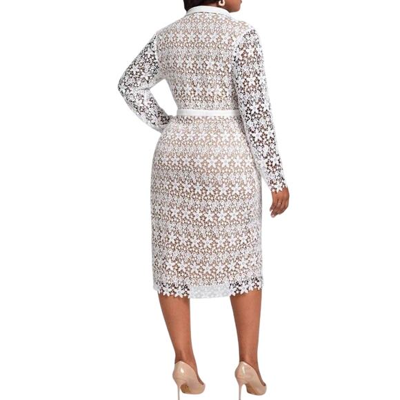 White Lace Embroidered Illusion Dress Classic Career Church Graduate Sorority 2X - Picture 2 of 3